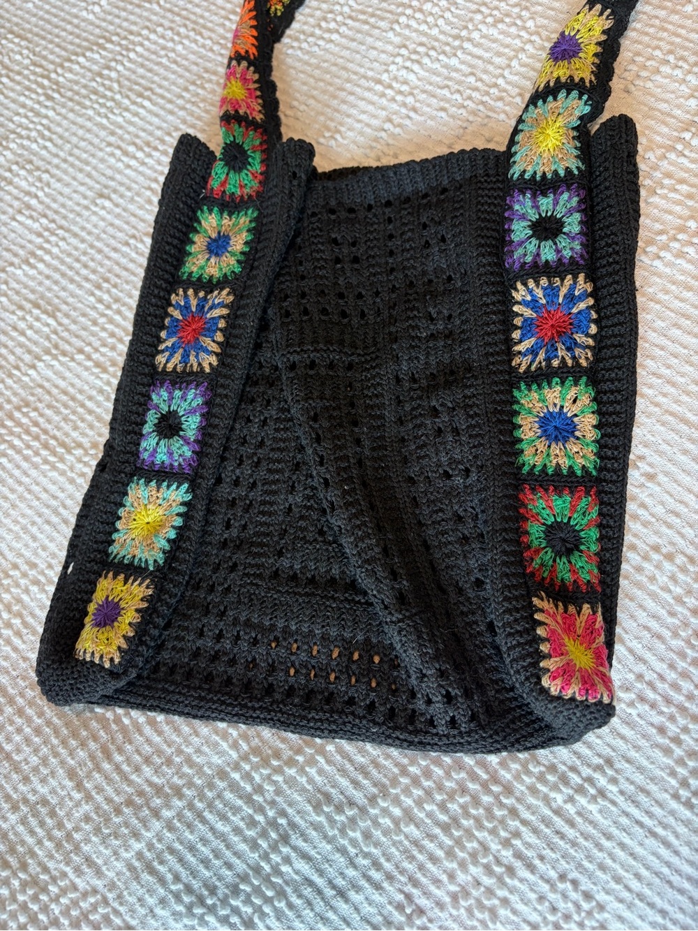 Black Crochet Bag with Multicolor Granny Square Straps